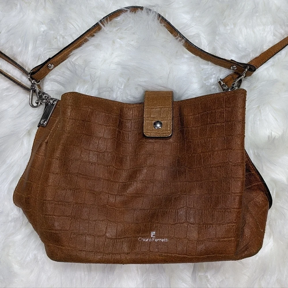 Chiara Ferretti Italian Leather Croc Embossed Cognac Brown Convertible‎ Bag